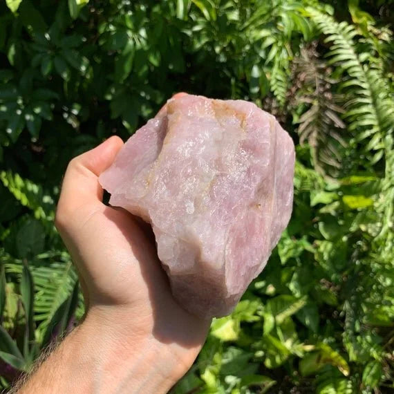 Edge-on view of pink Rose Quartz specimen, from Madagascar, often worked with for Love.