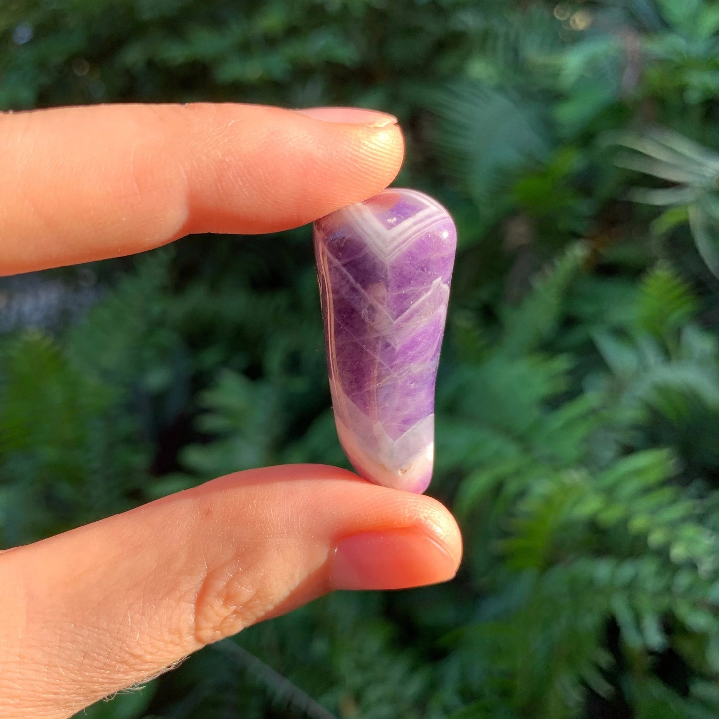 Full profile of Grade AA Chevron Amethyst tumbled stone ready to ship from Beyond Bohemian