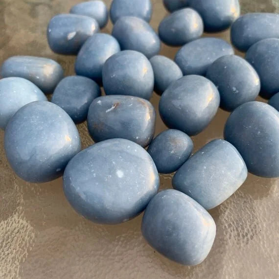 Full profile of Grade A Angelite tumbled stone ready to ship from Beyond Bohemian
