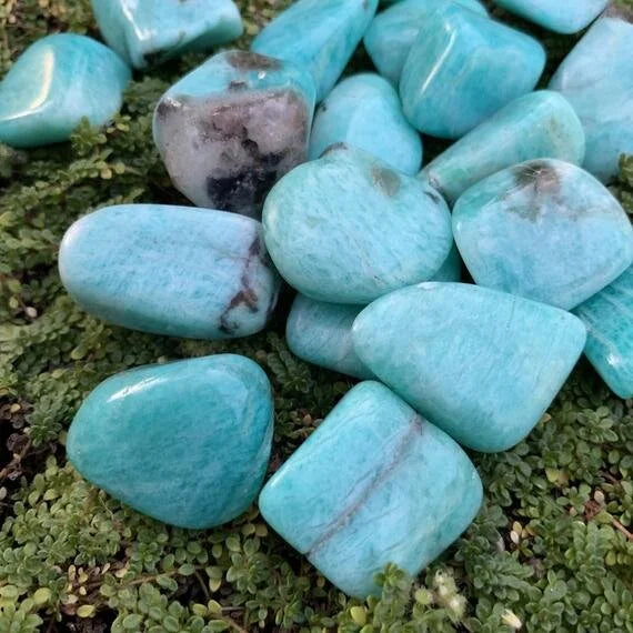 Full profile of Grade AA Amazonite tumbled stone ready to ship from Beyond Bohemian