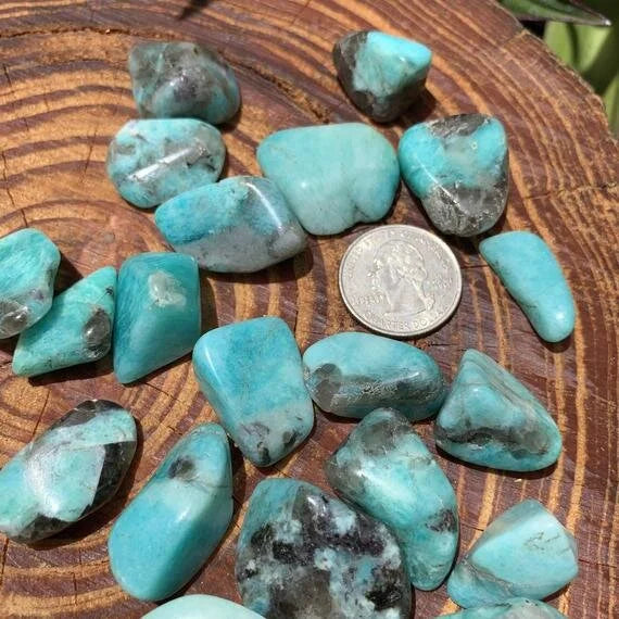 Near view of Amazonite tumbled stone, from Madagascar.