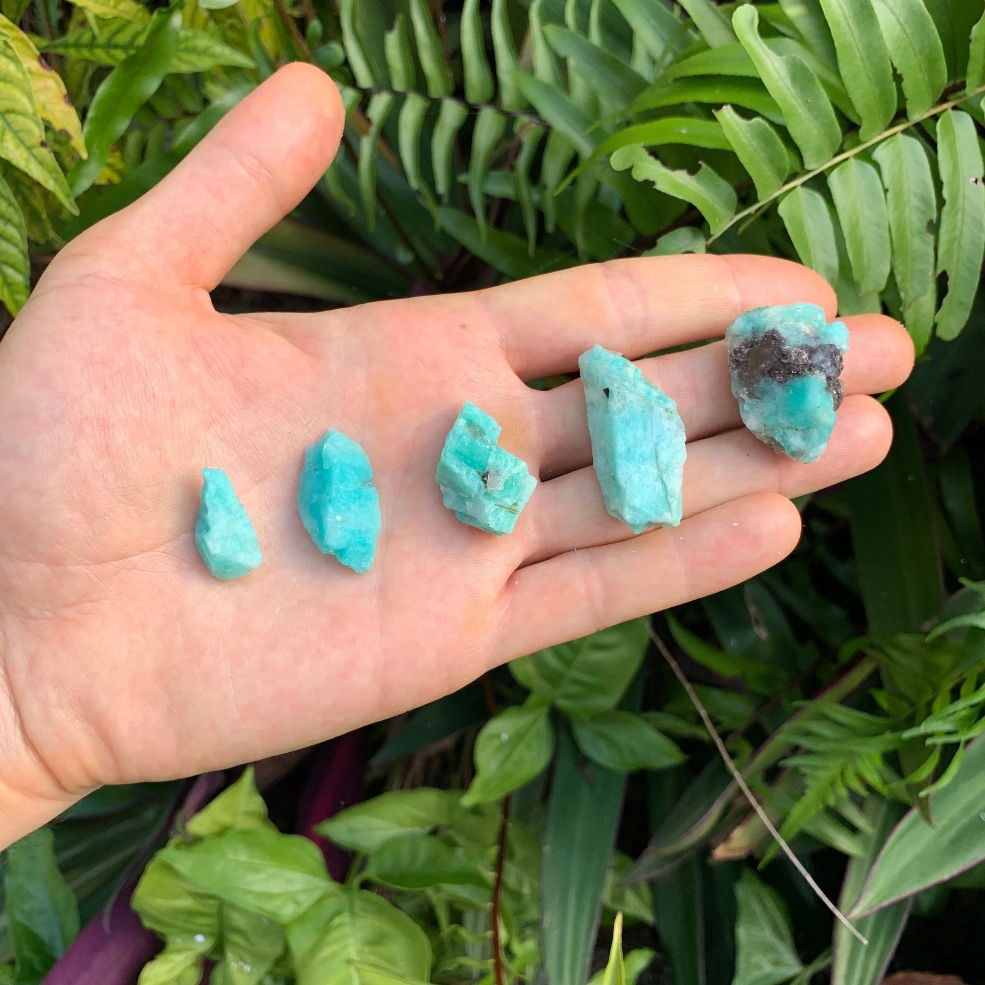 Looking down on blue Amazonite raw stone, Madagascar-sourced.