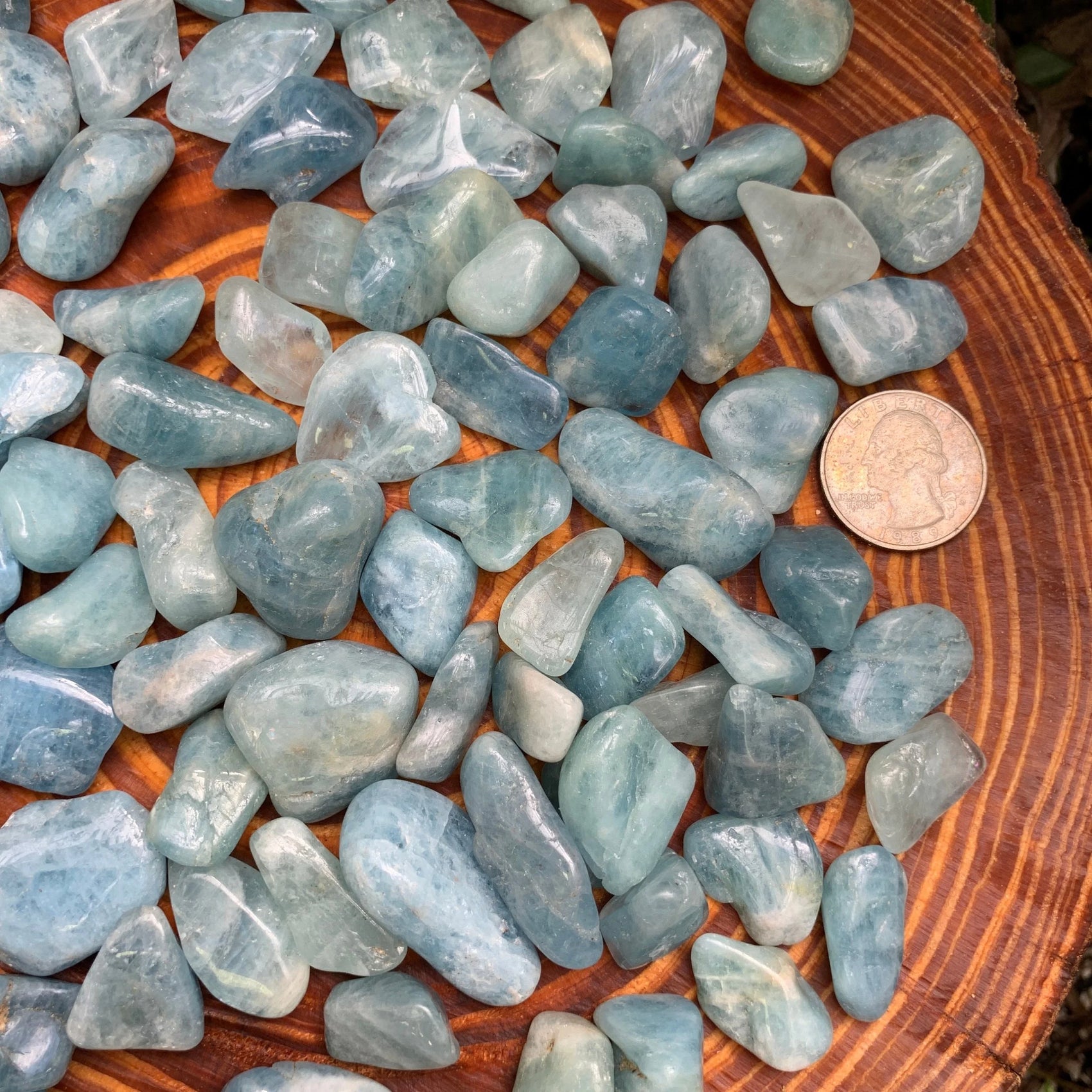 Full profile of Grade AAA Aquamarine tumbled stone ready to ship from Beyond Bohemian