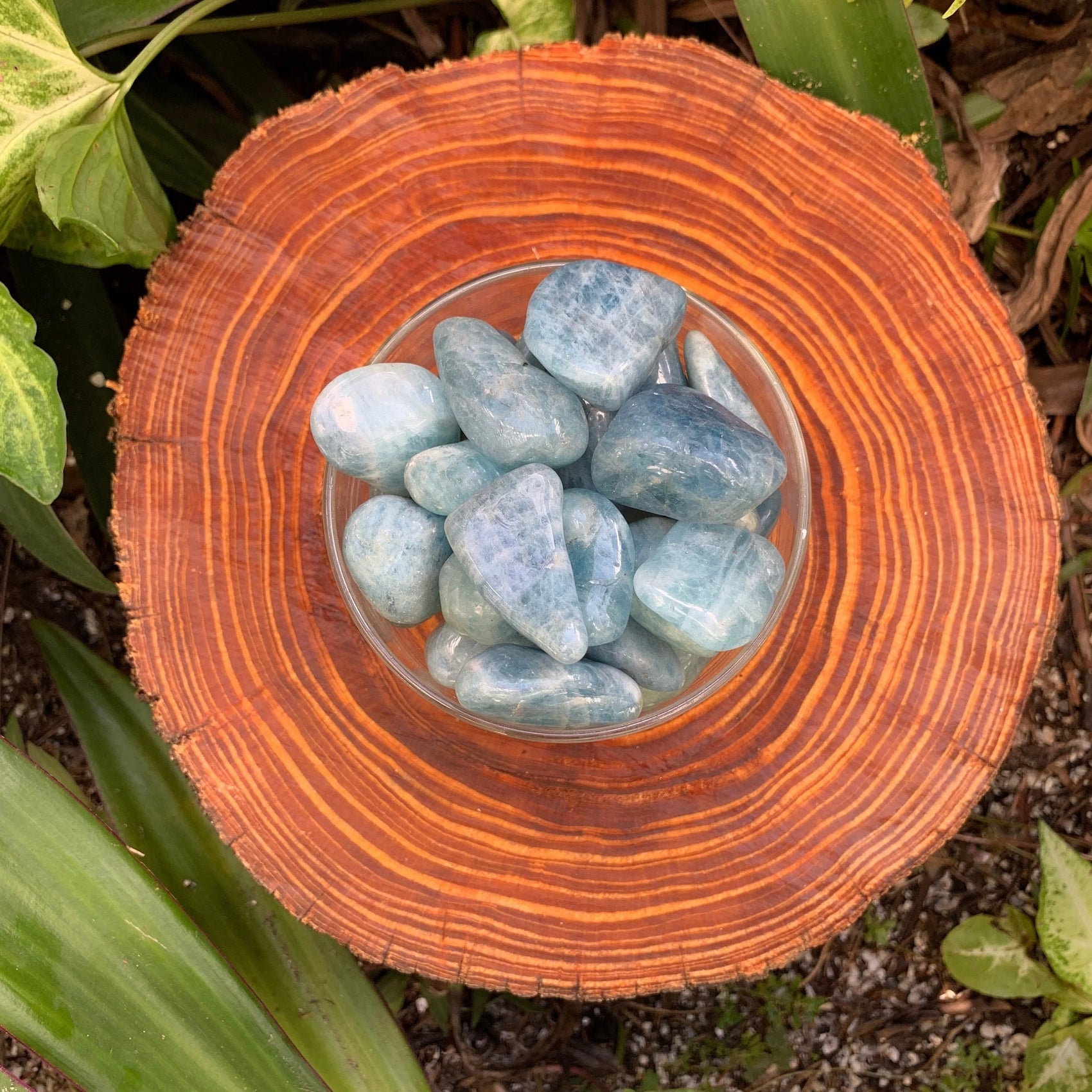 Full profile of Grade AAA Aquamarine tumbled stone ready to ship from Beyond Bohemian