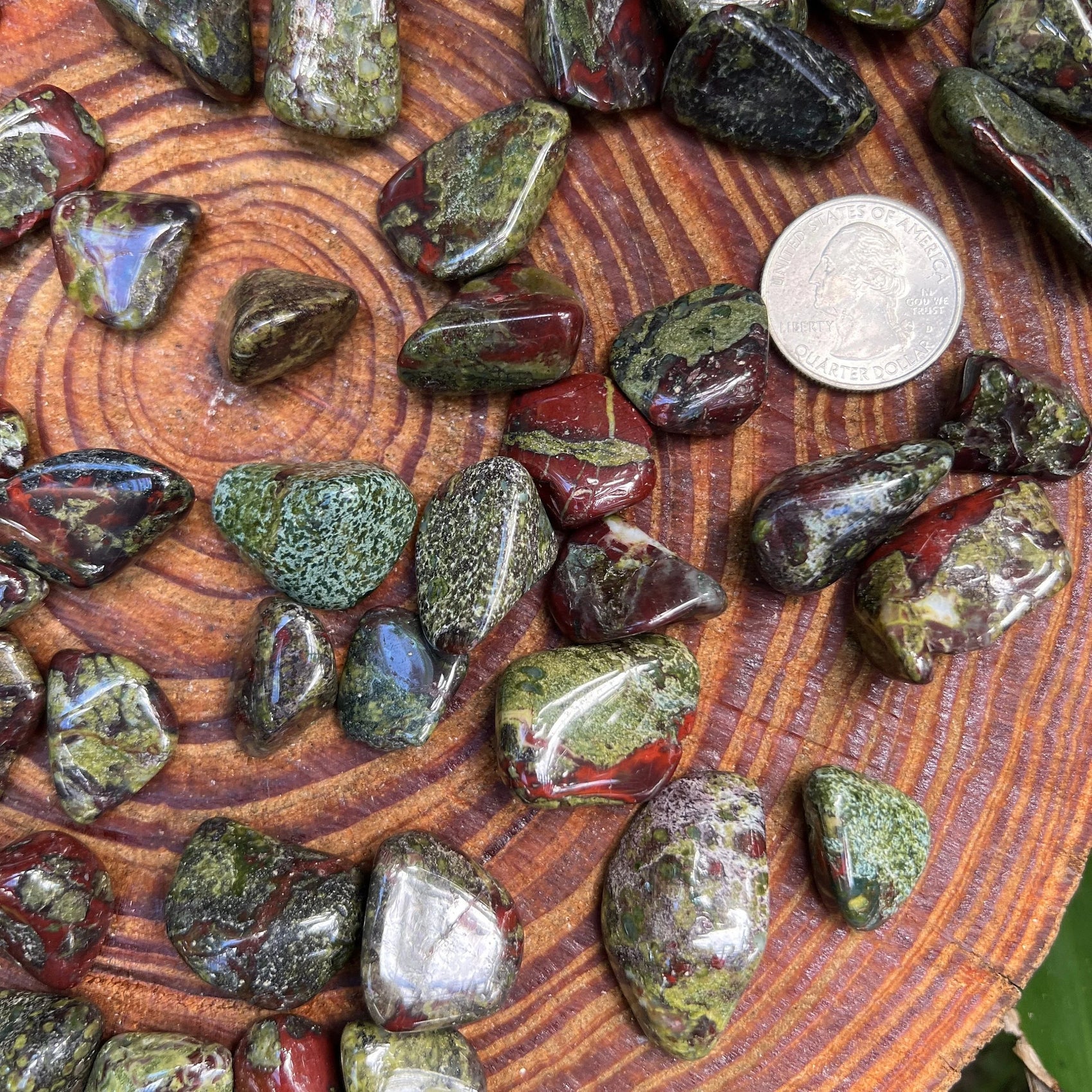 Profile shot of Dragon Bloodstone tumbled stone, hand-selected from Limpopo, South Africa.