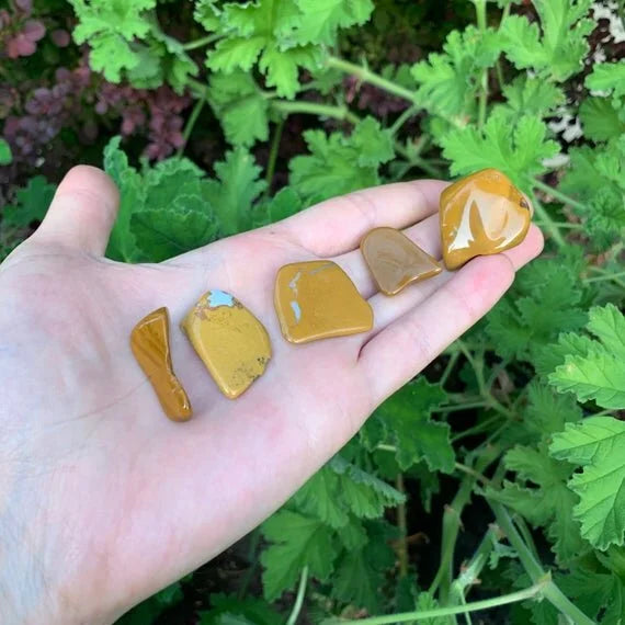 Hand-held view of a single Yellow Jasper tumbled stone sourced from Madagascar.