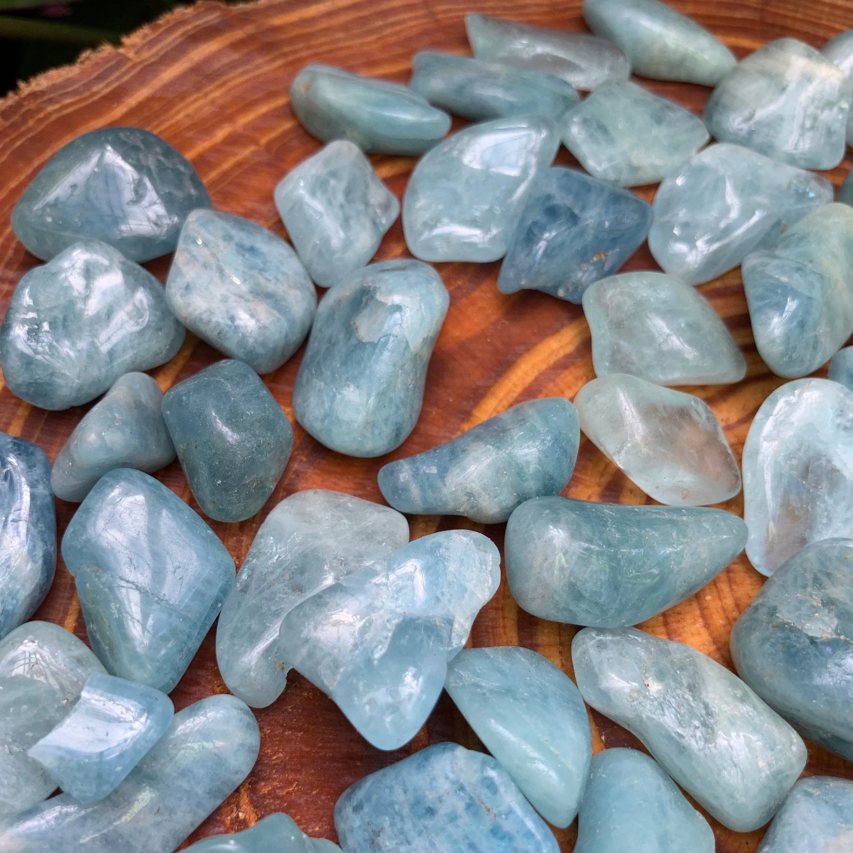 Full profile of Grade AAA Aquamarine tumbled stone ready to ship from Beyond Bohemian