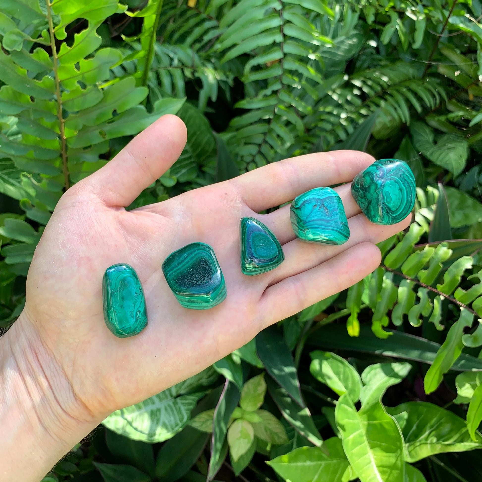 Full profile of Grade AA Malachite tumbled stone ready to ship from Beyond Bohemian