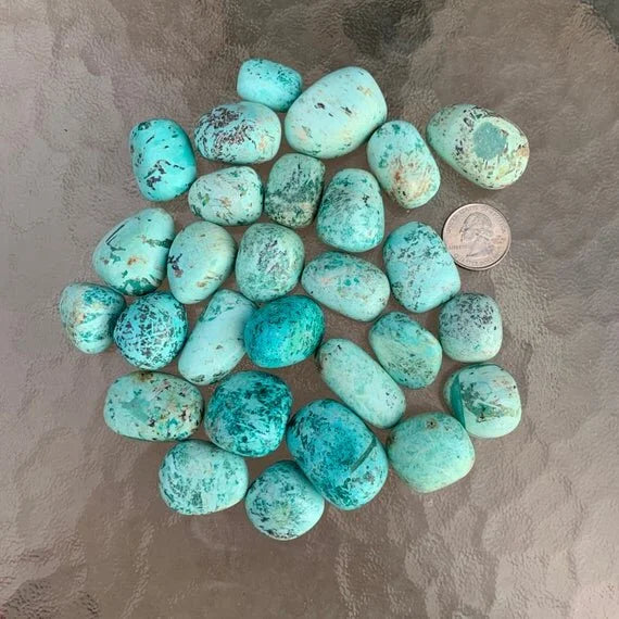 Full profile of Grade A Chrysocolla tumbled stone ready to ship from Beyond Bohemian
