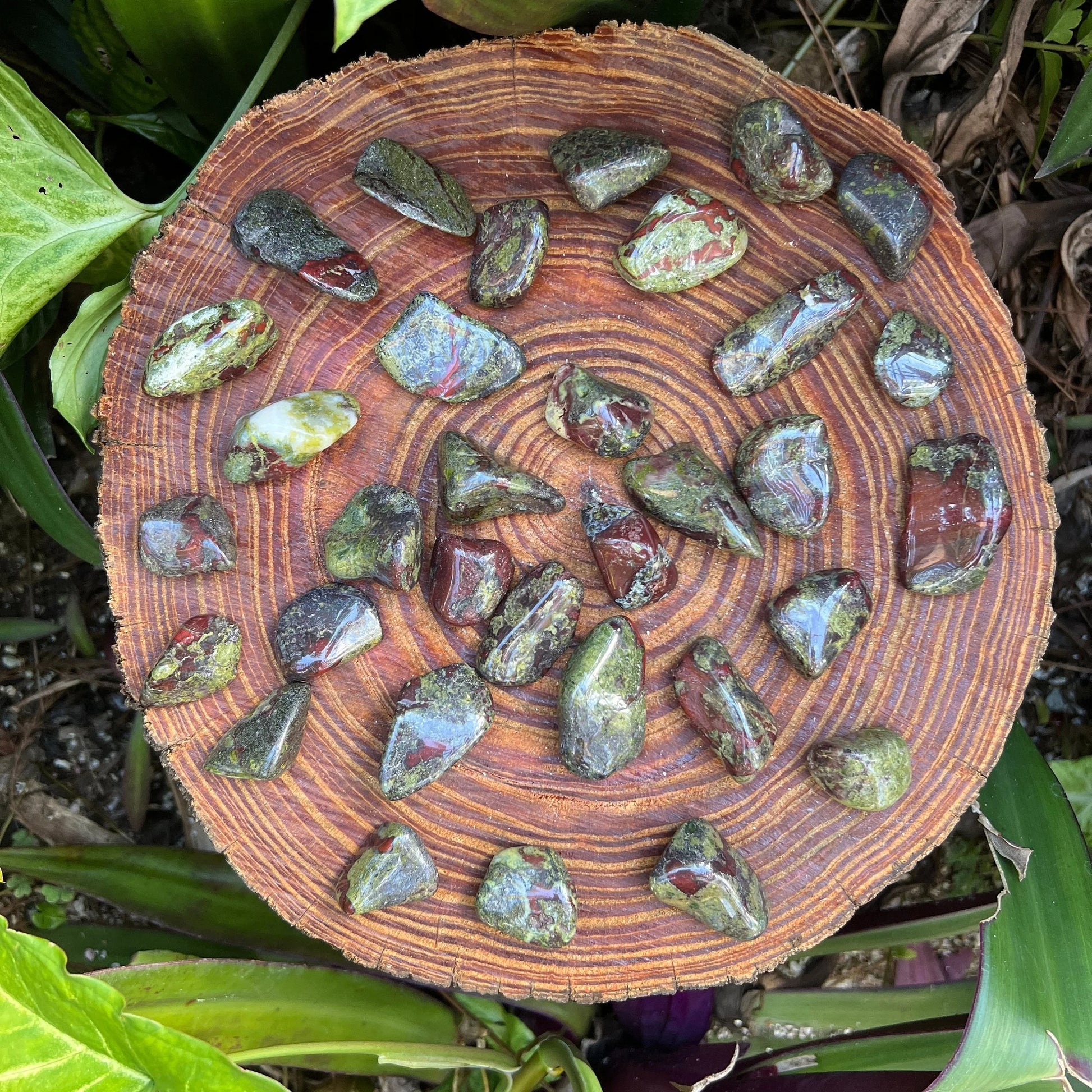 Full profile of Grade AA Dragon Bloodstone tumbled stone ready to ship from Beyond Bohemian