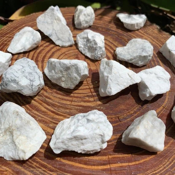 Daylight view of a Howlite raw stone associated with Stress Relief and Sleep.