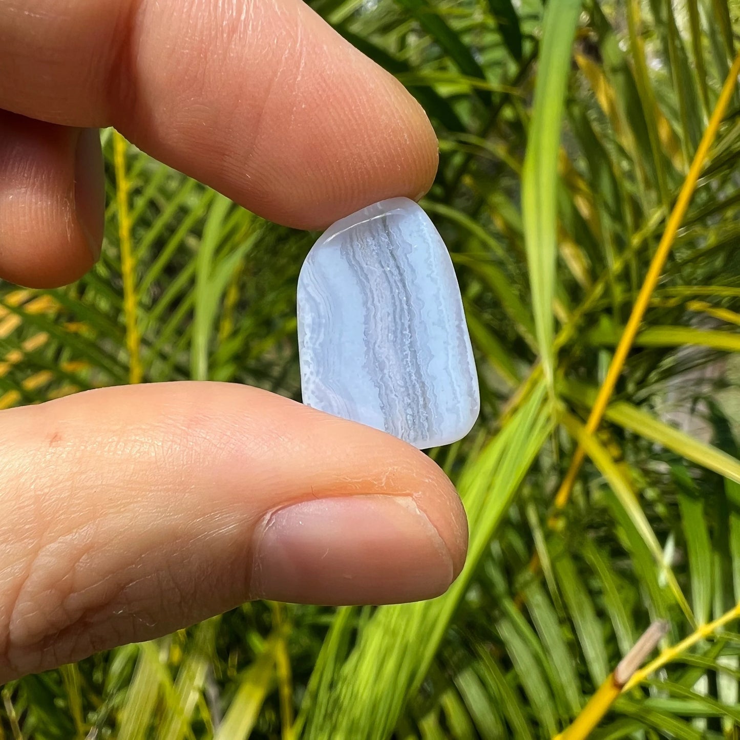 Detail shot of Grade AA Blue Lace Agate tumbled stone under natural light