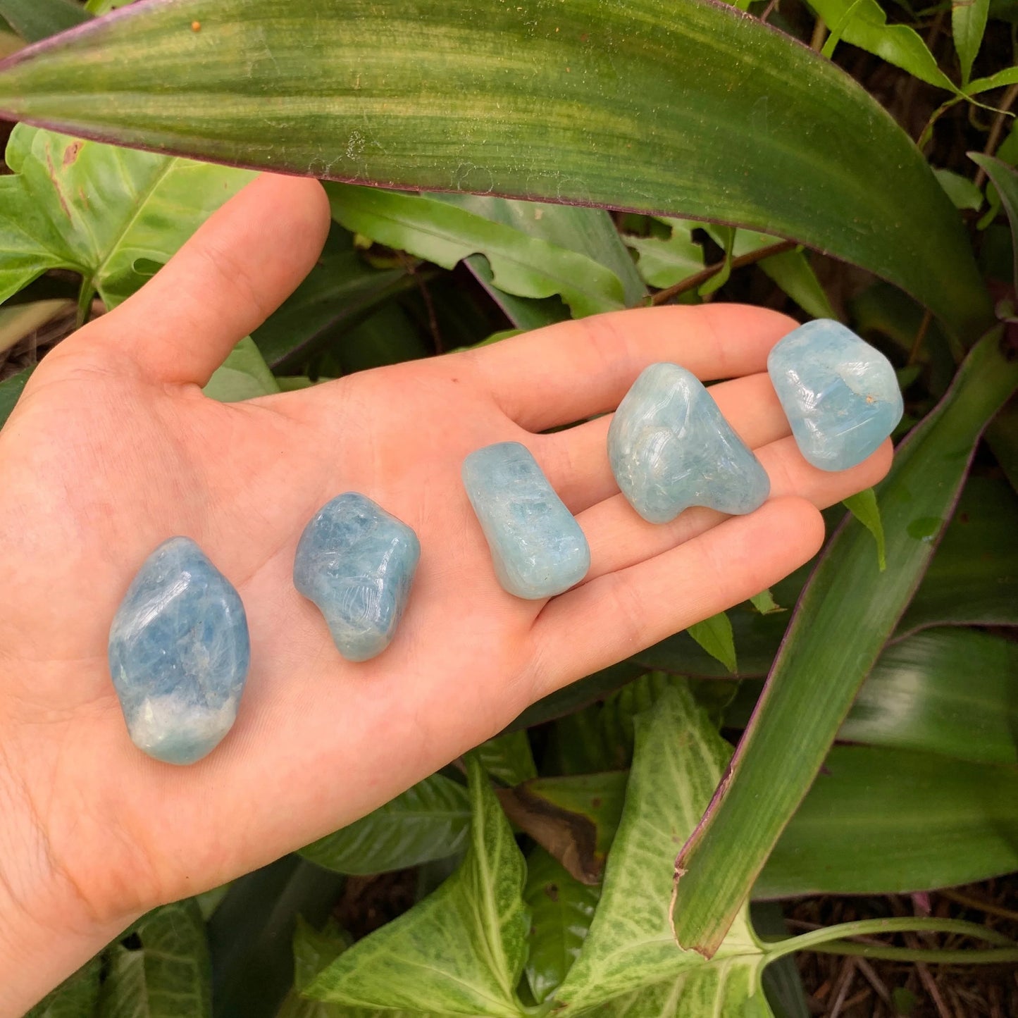 Full profile of Grade AAA Aquamarine tumbled stone ready to ship from Beyond Bohemian
