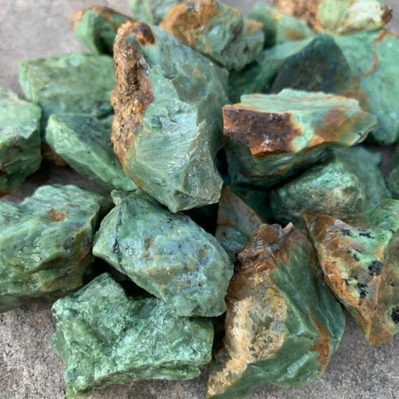 Close-up of Chrysoprase raw stone from Madagascar, soothing wellness stone for Emotional Healing