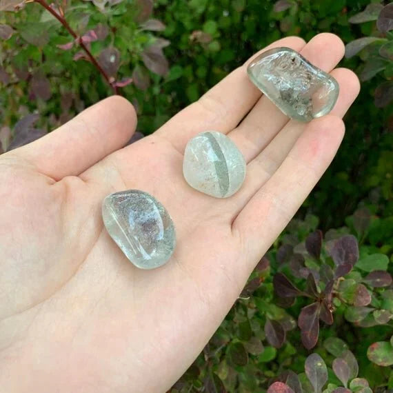 Grouping of Lodolite tumbles, Grade AA, translucent quartz with rust and green mineral scenery
