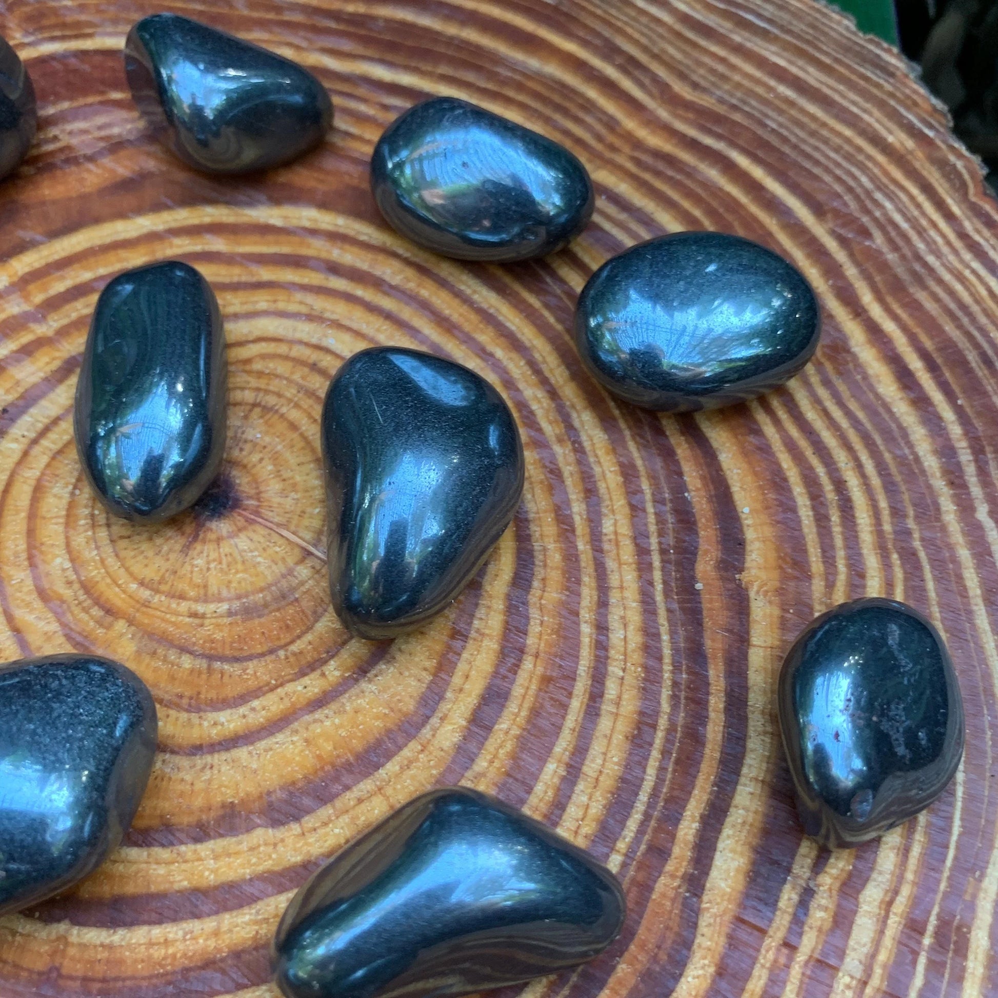 Full profile of Grade AA Hematite tumbled stone ready to ship from Beyond Bohemian