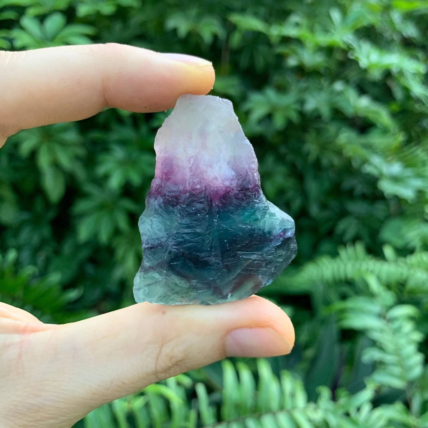 Side profile of Grade AA Fluorite raw stone, showing raw matrix, often paired with practices around Focus.