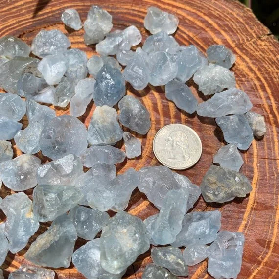 Side perspective of blue Celestite raw stone, often paired with practices around Stress Relief, sourced from Sakoany, Madagascar.