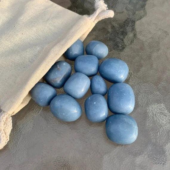 Full profile of Grade A Angelite tumbled stone ready to ship from Beyond Bohemian