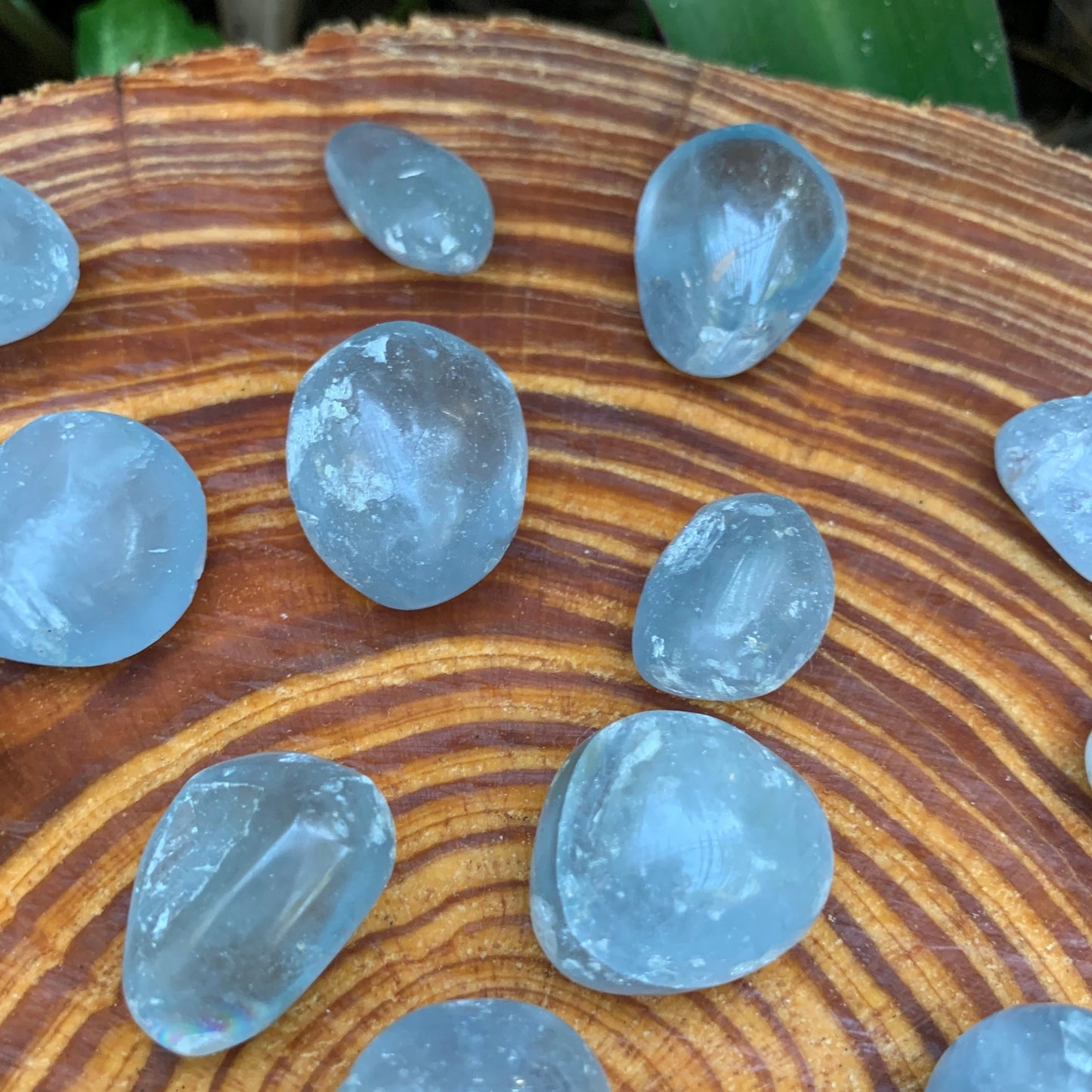 Full profile of Grade AA Celestite tumbled stone ready to ship from Beyond Bohemian