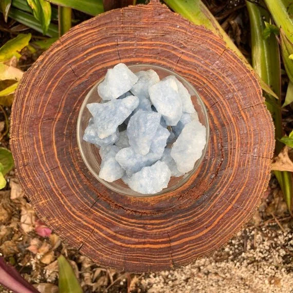 Hand-scale shot of a Blue Calcite raw stone, sourced from Ambatondrazaka, Madagascar.