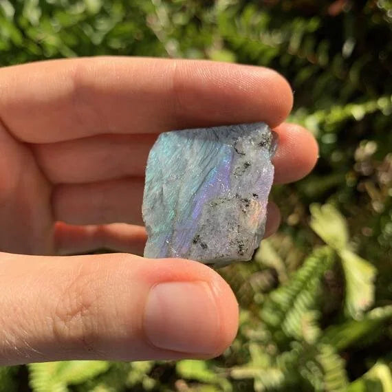 Detail shot of Grade AAA Labradorite raw under natural light