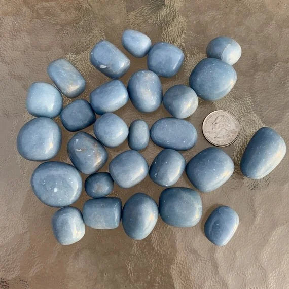 Full profile of Grade A Angelite tumbled stone ready to ship from Beyond Bohemian