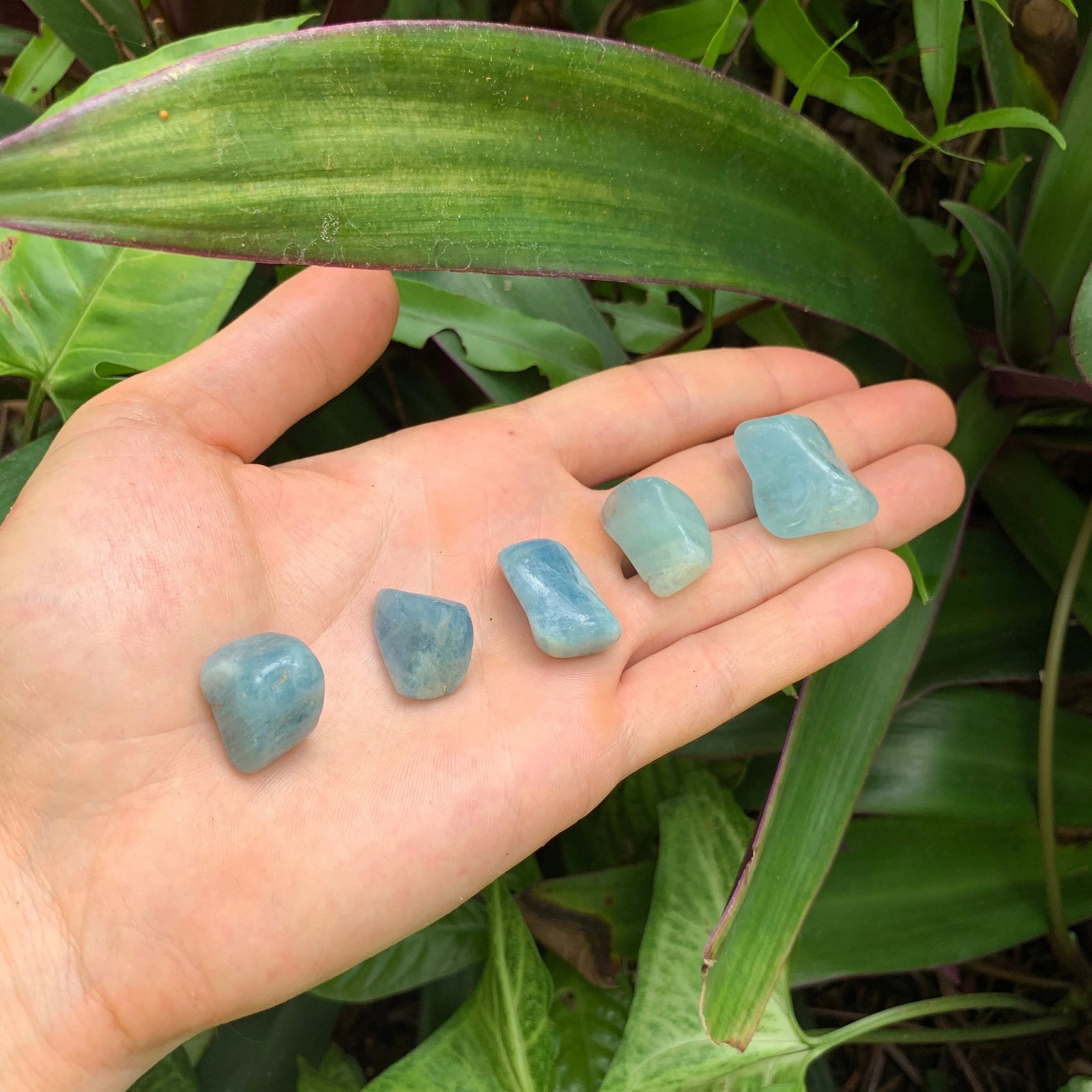 Full profile of Grade AAA Aquamarine tumbled stone ready to ship from Beyond Bohemian