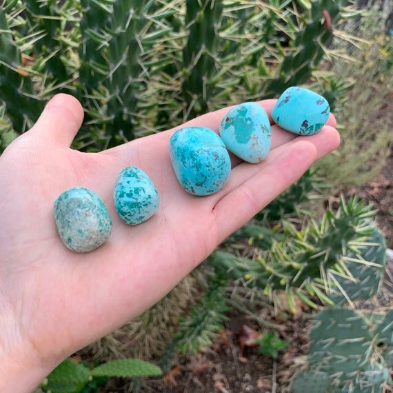 Full profile of Grade A Chrysocolla tumbled stone ready to ship from Beyond Bohemian