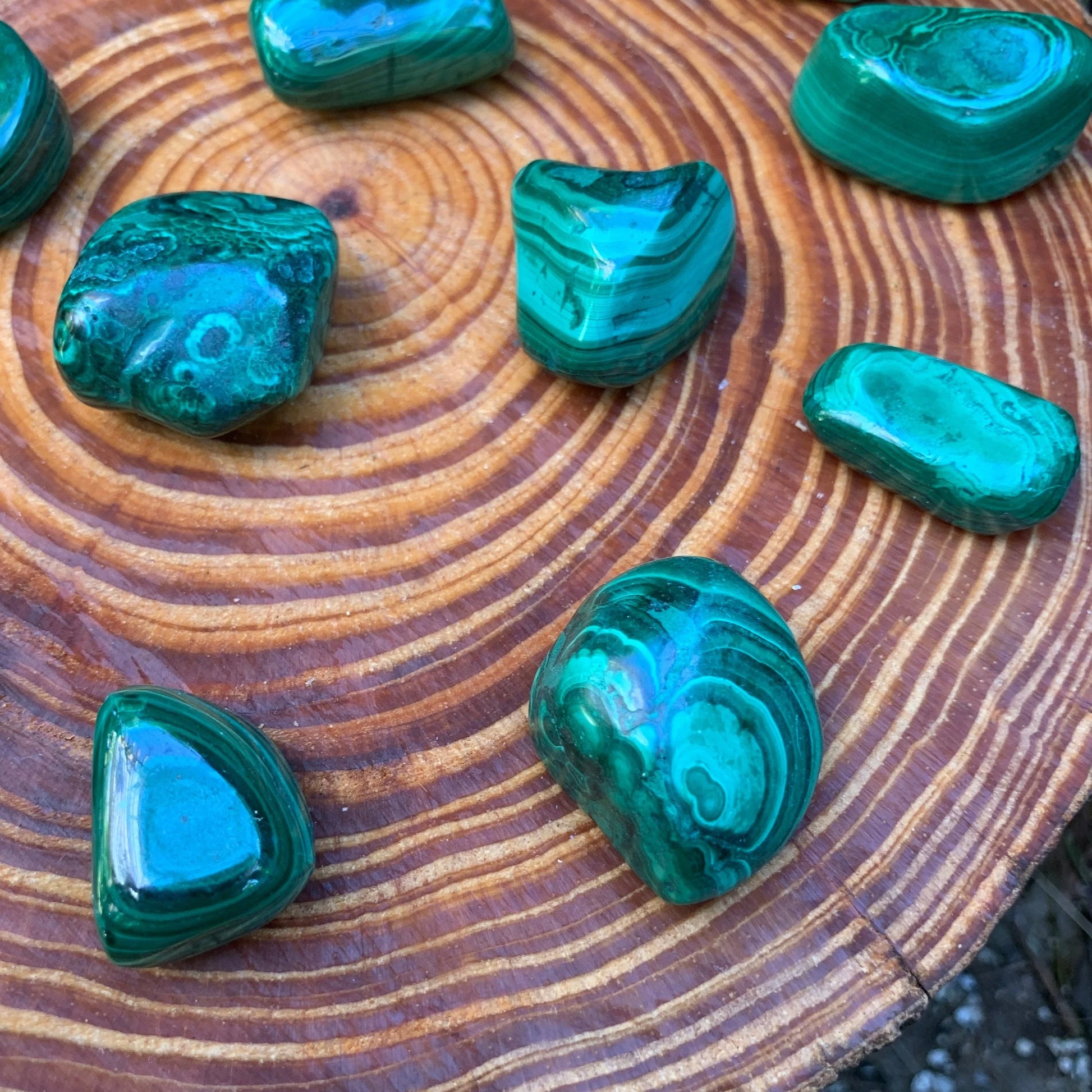 Full profile of Grade AA Malachite tumbled stone ready to ship from Beyond Bohemian