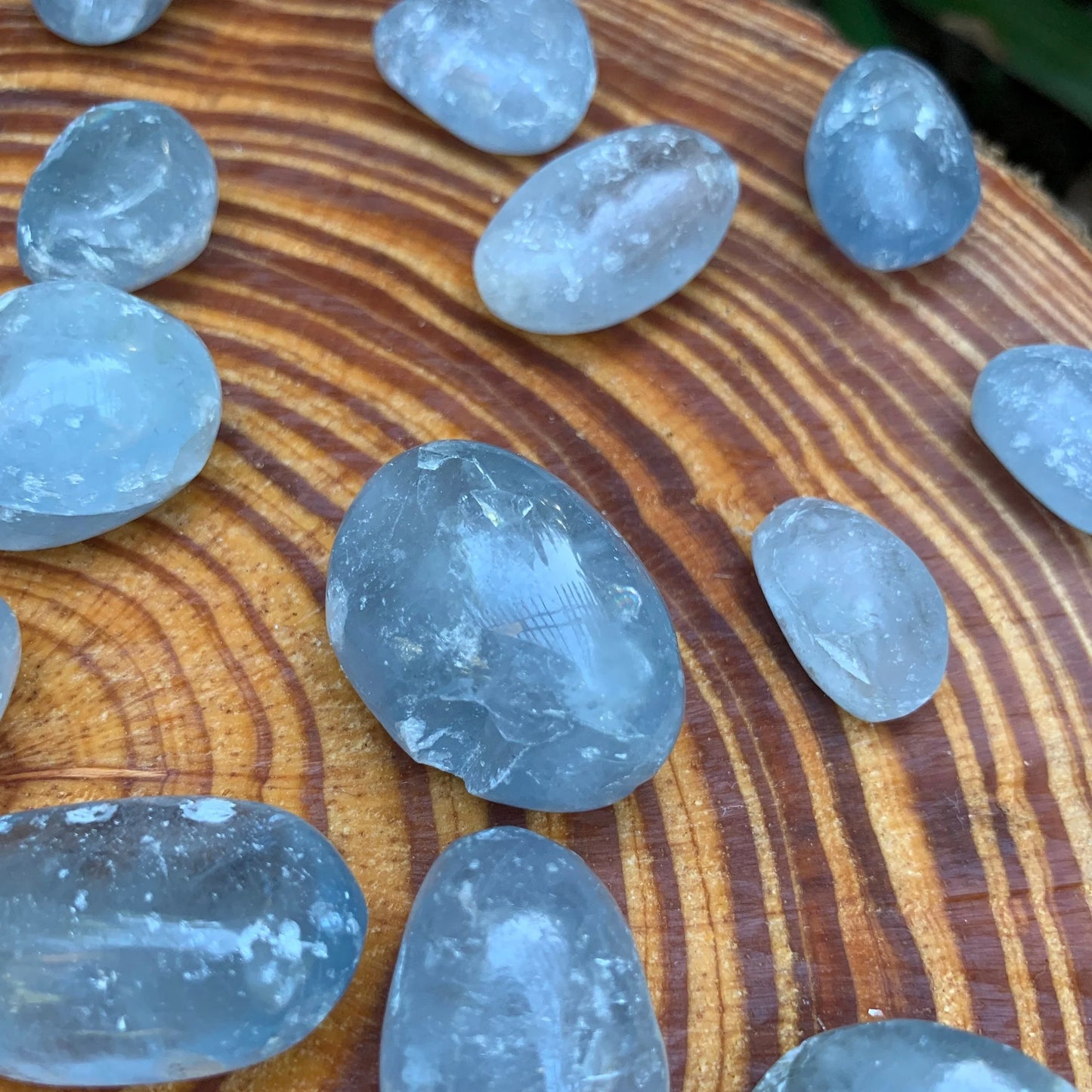 Full profile of Grade AA Celestite tumbled stone ready to ship from Beyond Bohemian