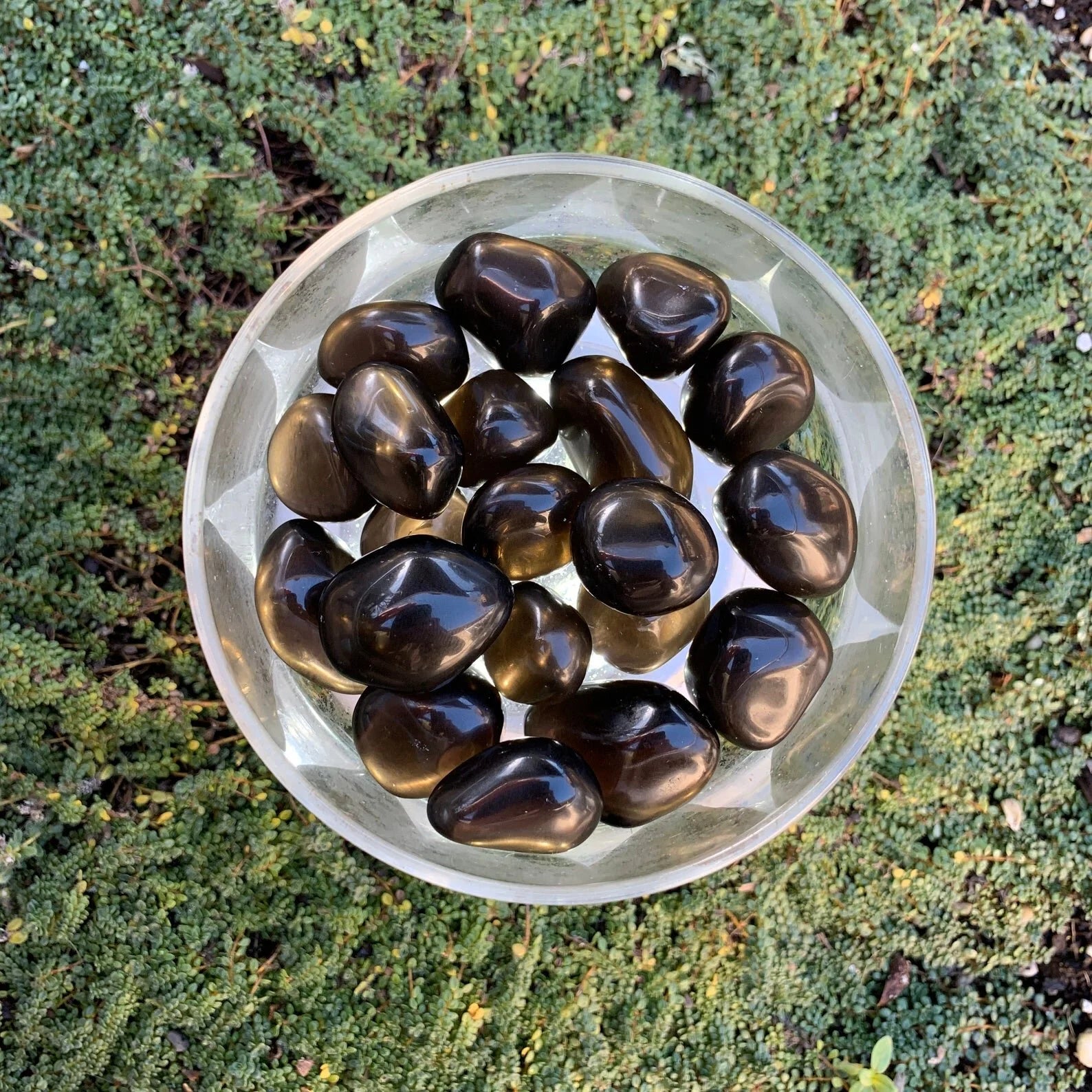Set against a soft backdrop is an Apache Tear stone, shown for proportion against the hand.