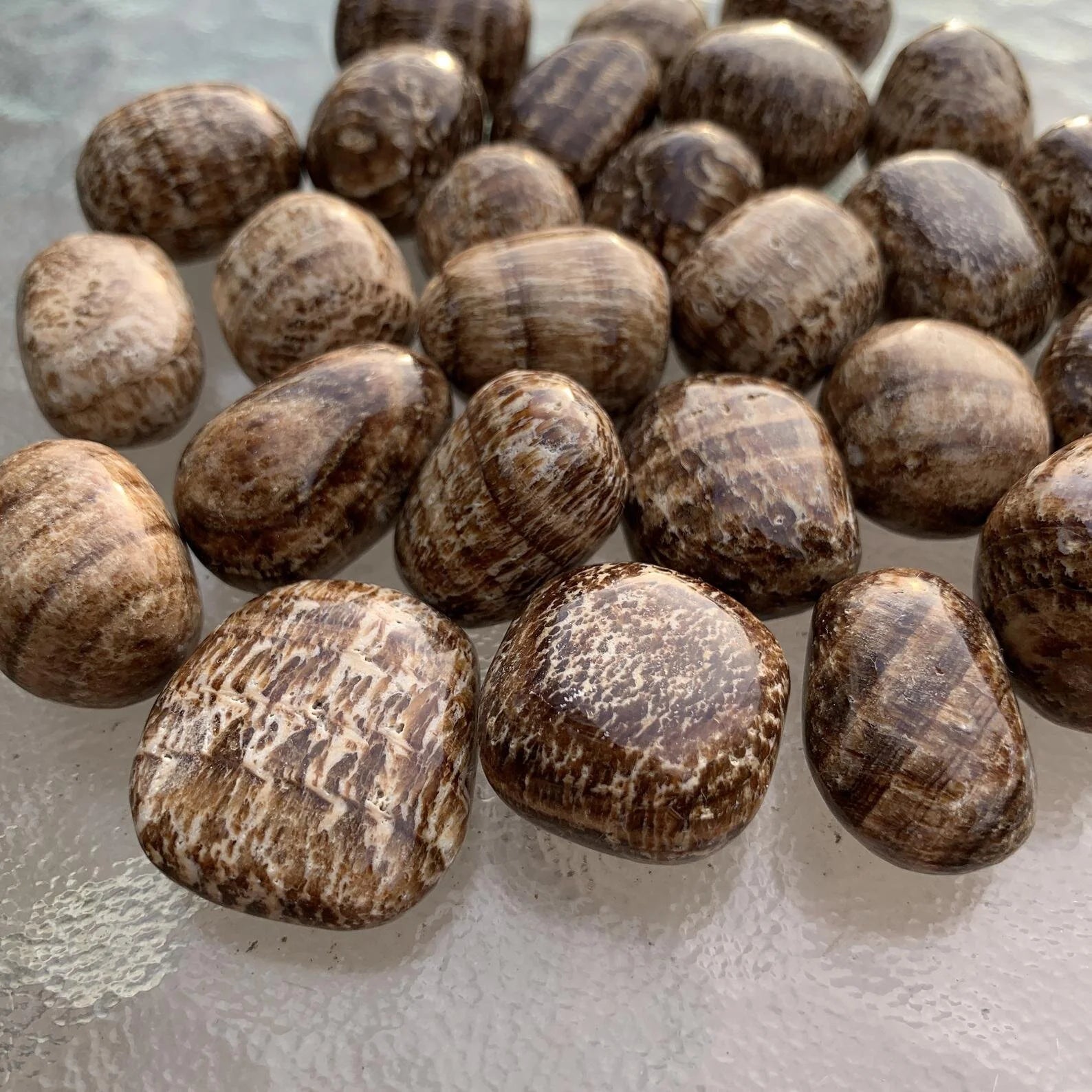 Full profile of Grade AA Brown Aragonite tumbled stone ready to ship from Beyond Bohemian