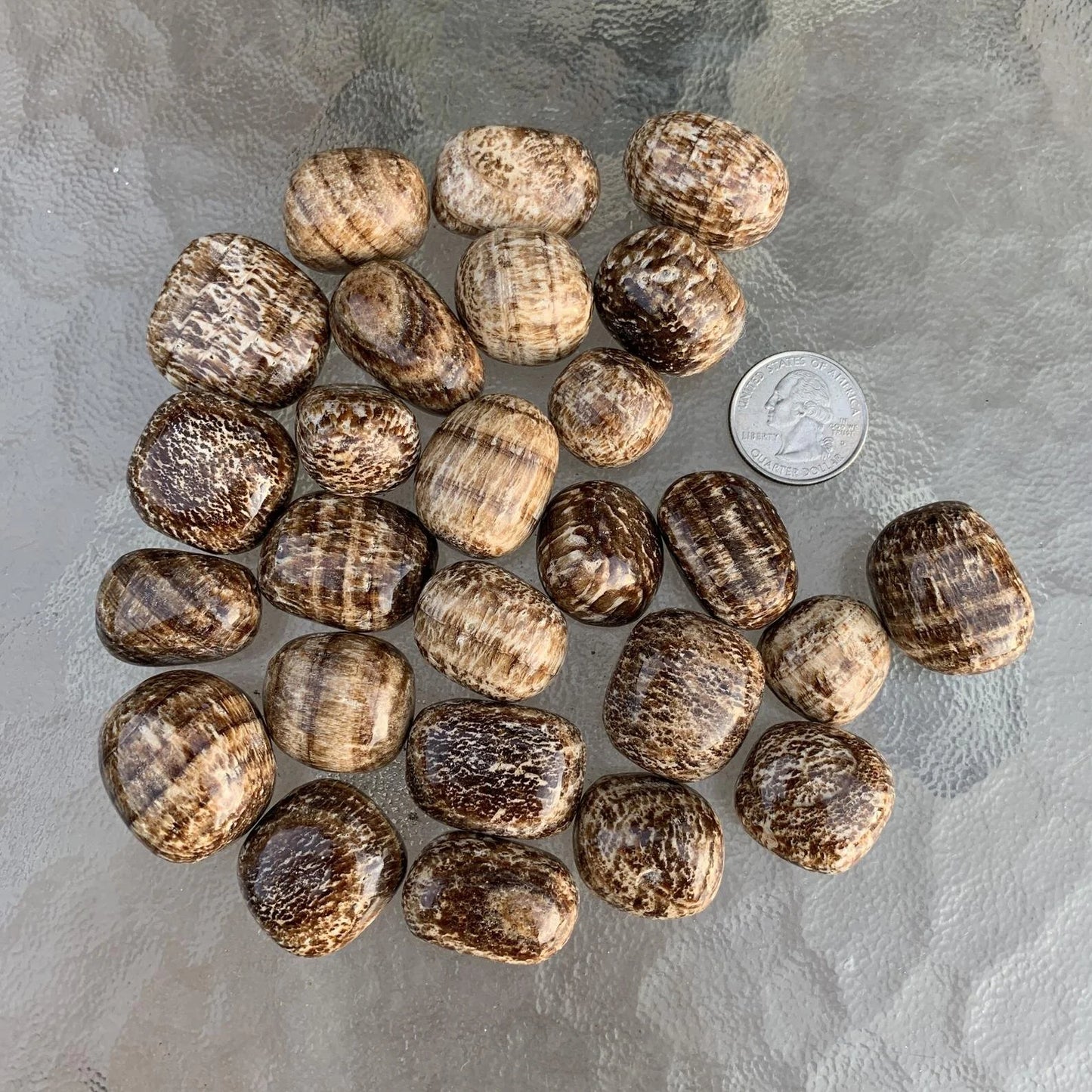 Composed shot of Brown Aragonite tumbled stone, from Junín, Peru, showing the wear and finish.