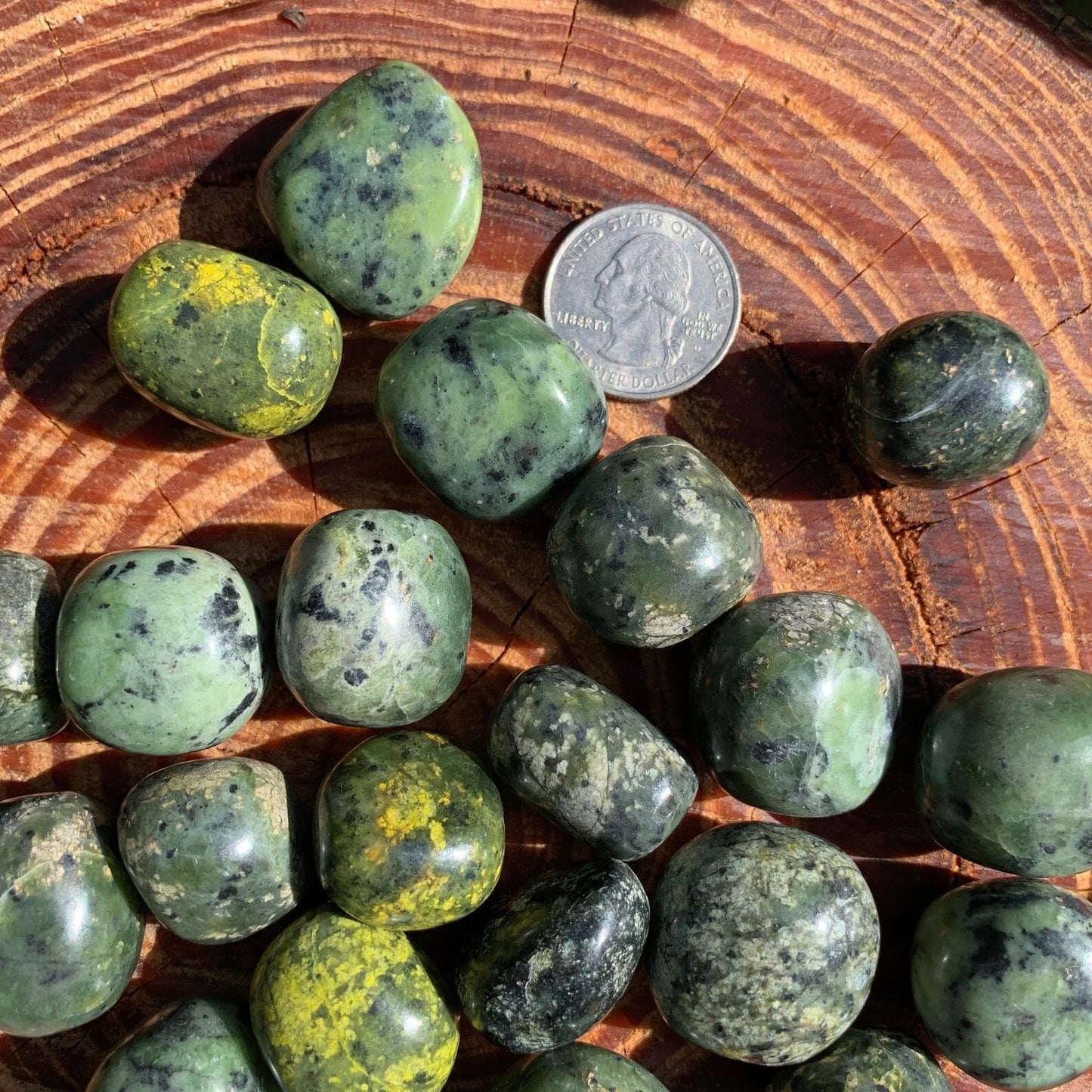 Full profile of Grade A Jade tumbled stone ready to ship from Beyond Bohemian