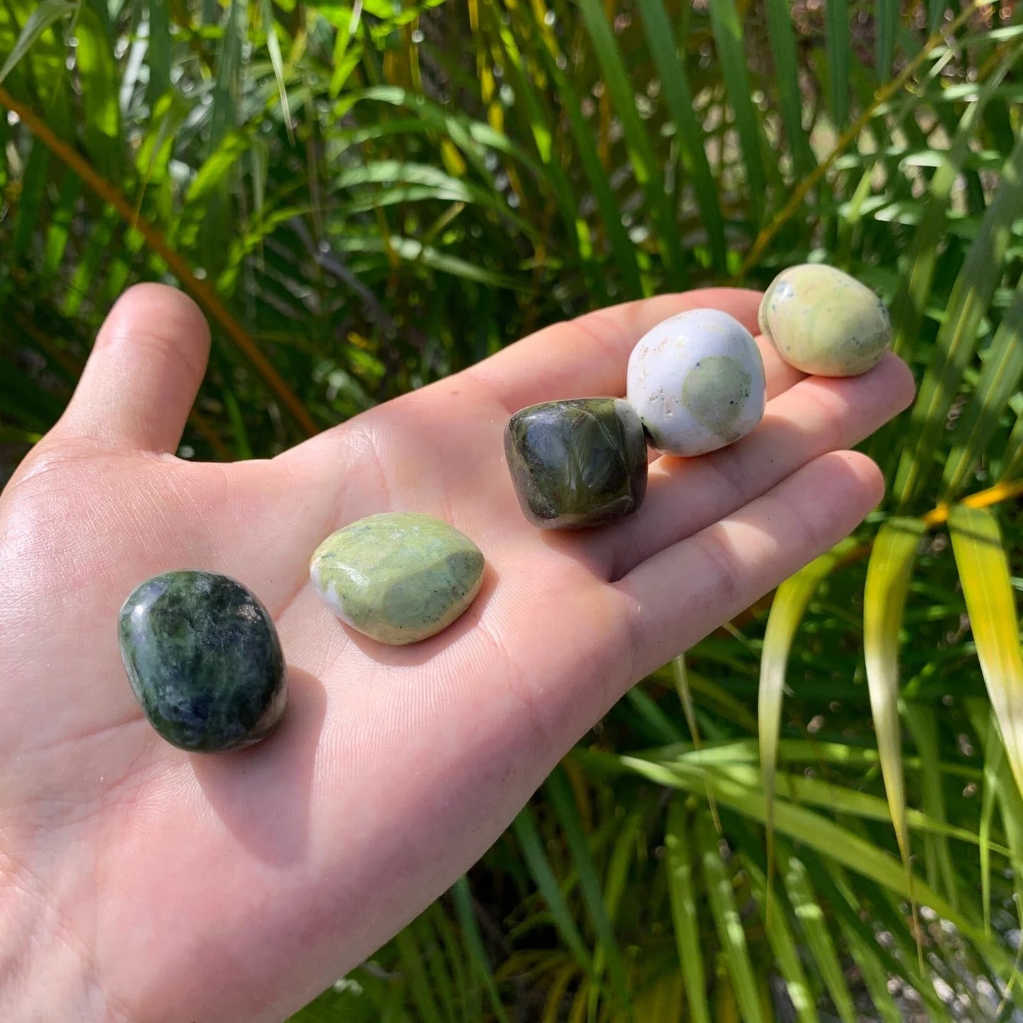 Full profile of Grade AA Serpentine tumbled stone ready to ship from Beyond Bohemian