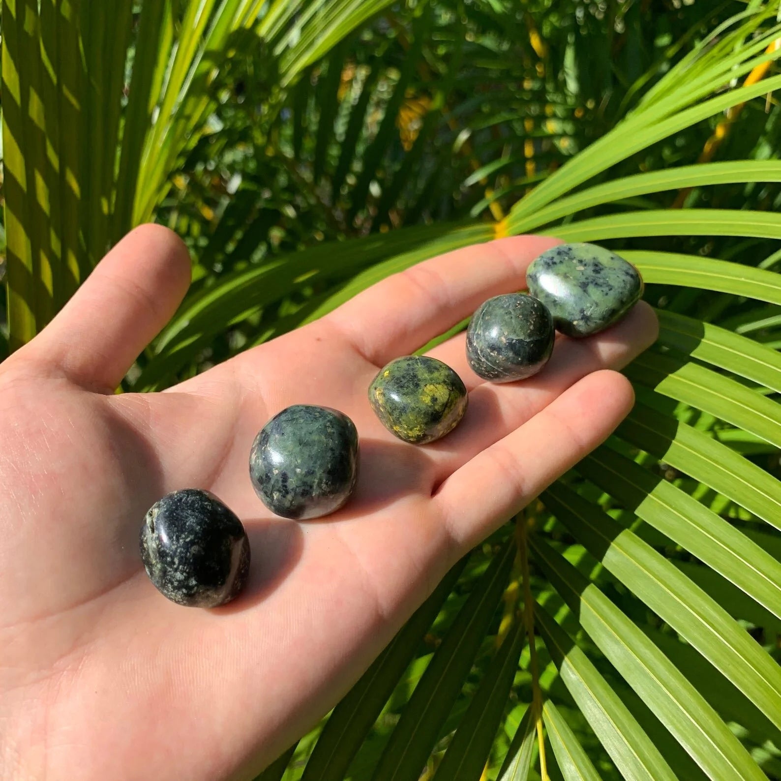 Full profile of Grade A Jade tumbled stone ready to ship from Beyond Bohemian