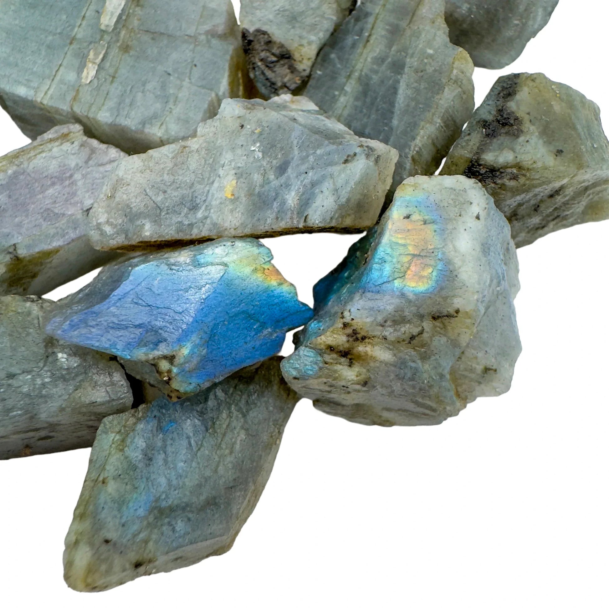 Side angle of Labradorite raw stone, to support Intuition, from Madagascar.