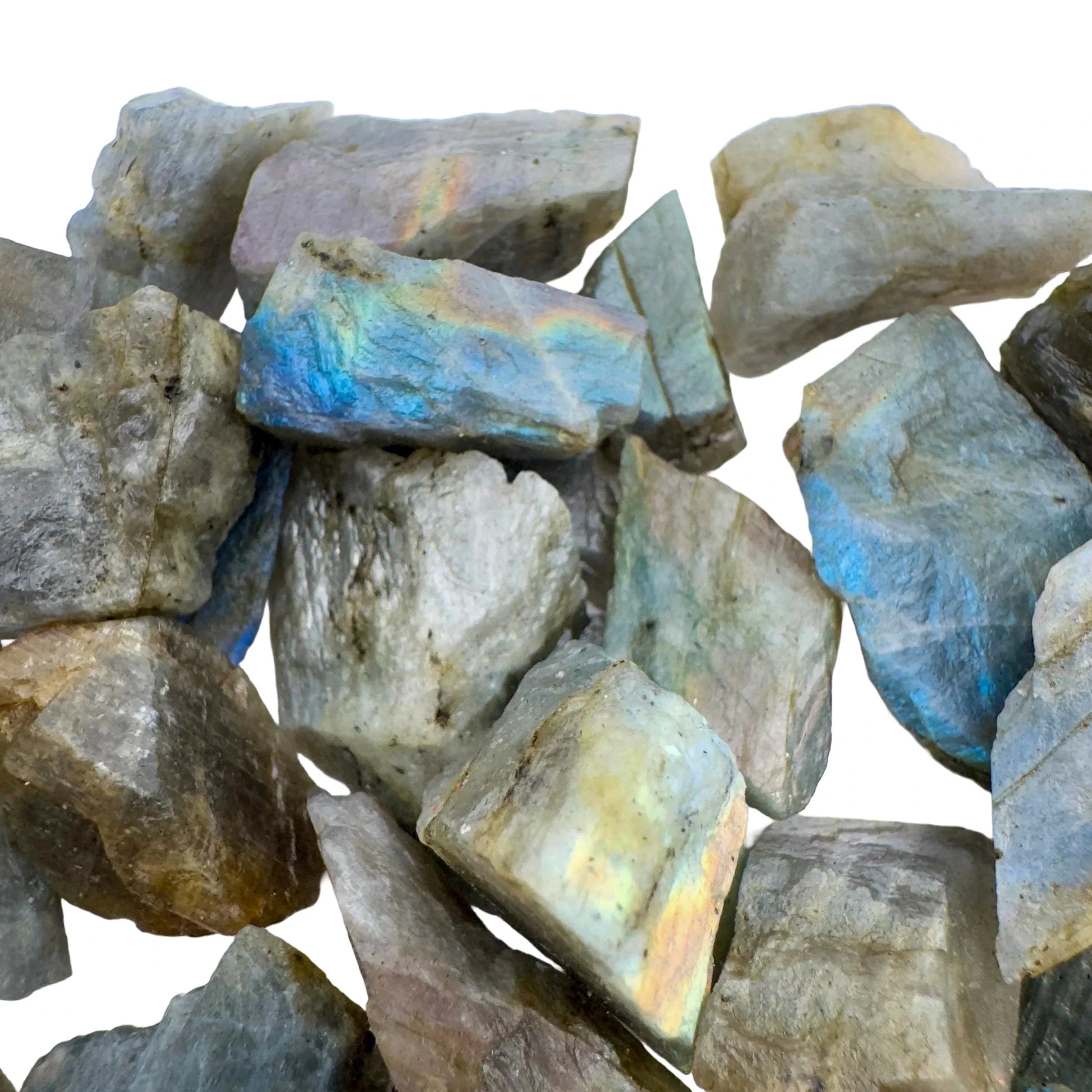Size comparison with a Labradorite raw stone, Madagascar-sourced, sourced from Atsimo-Andrefana, Madagascar.