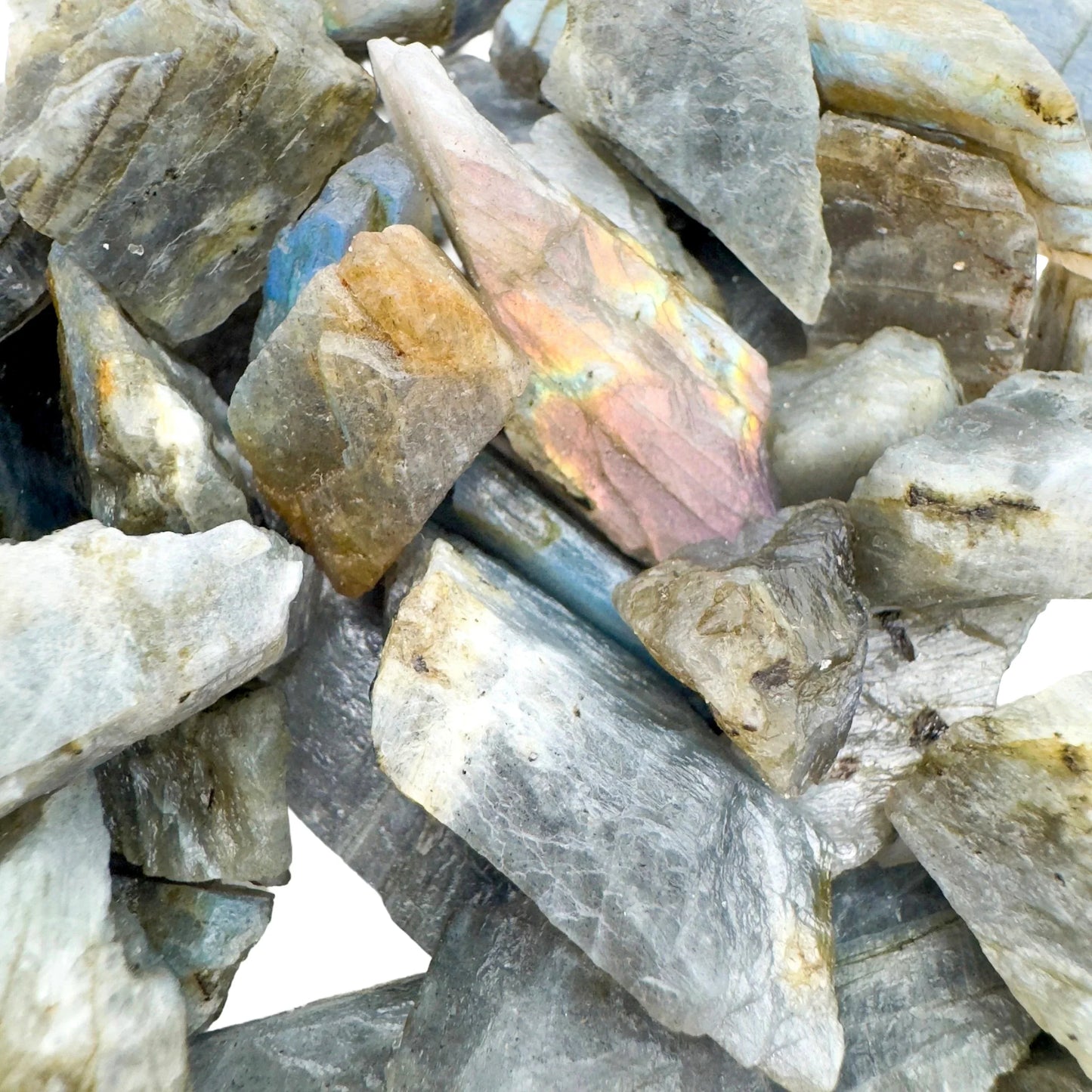 Detail shot of Grade AAA Labradorite raw under natural light
