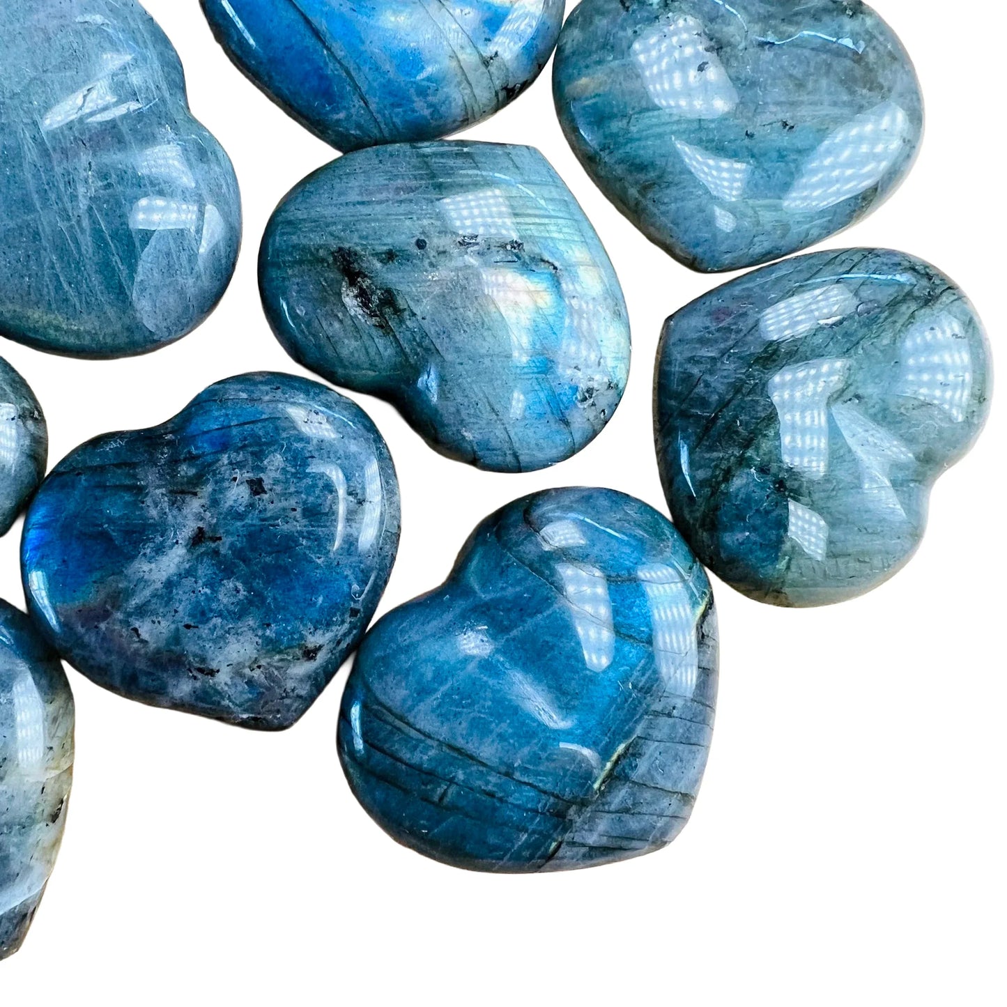 Plan view of Labradorite polished heart, linked to Intuition and Protection, from Atsimo-Andrefana, Madagascar.