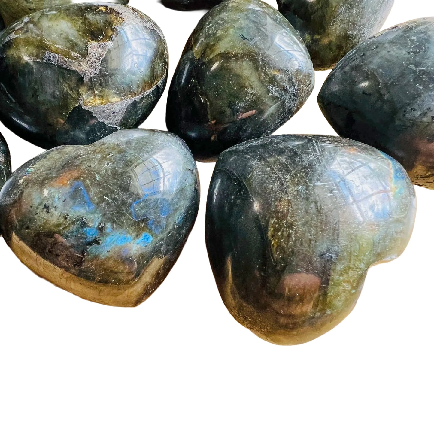 Side angle of Labradorite polished heart, hand-selected from Atsimo-Andrefana, Madagascar.