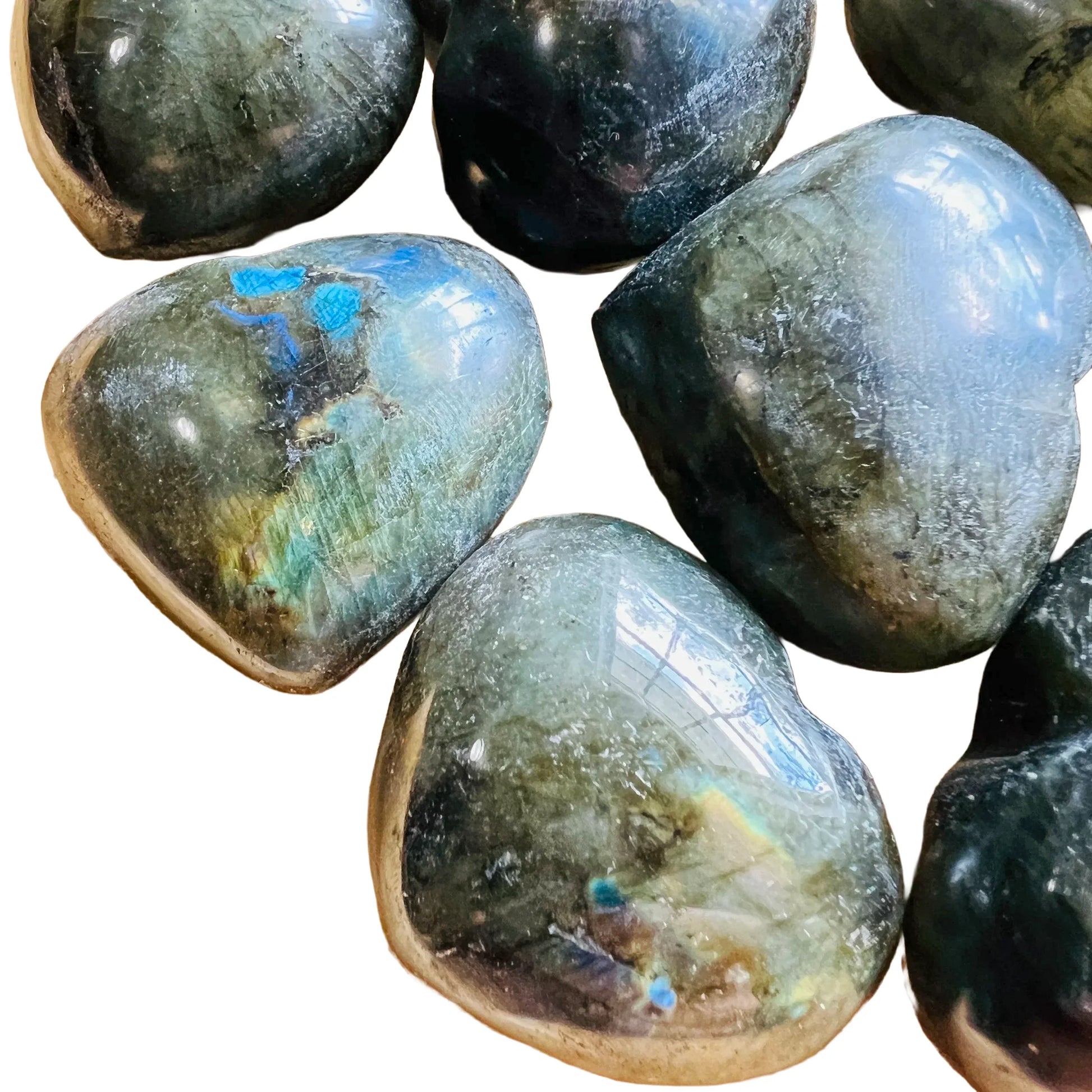 Aerial view of Labradorite polished heart, sourced from Atsimo-Andrefana, Madagascar.