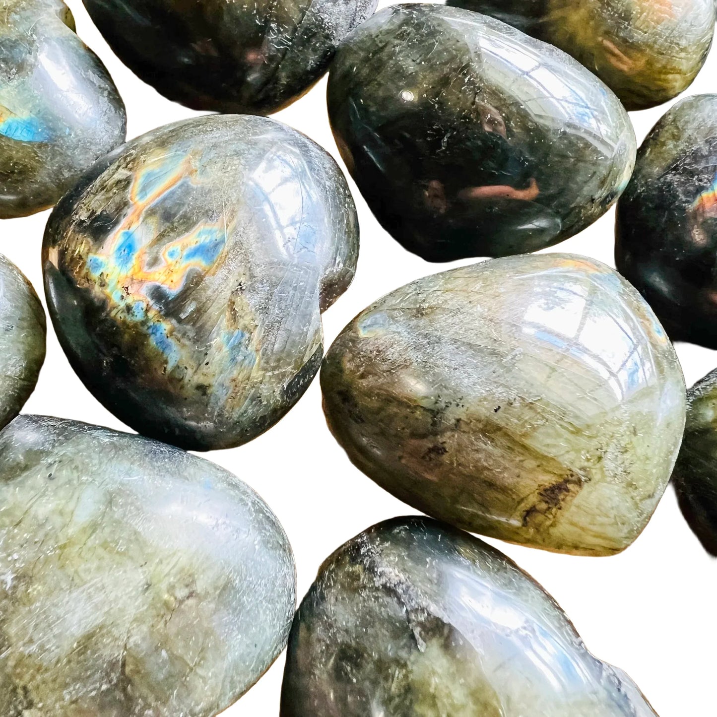 Opposite side of Labradorite polished heart, from Atsimo-Andrefana, Madagascar, showing natural texture.