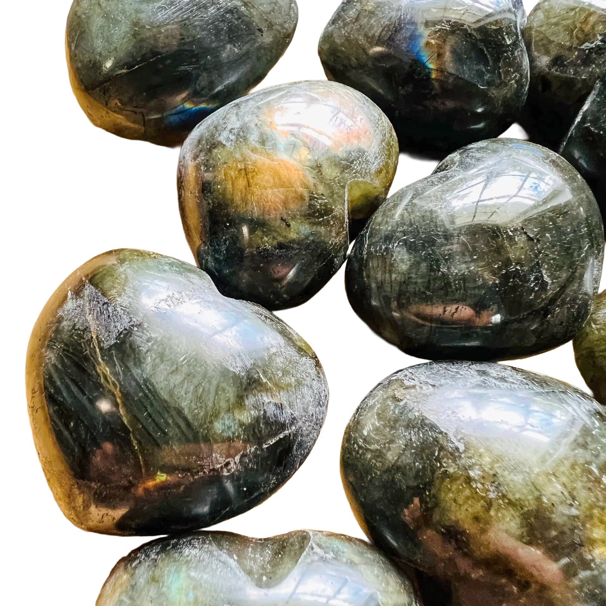 Back view of Grade A Labradorite heart showing natural surface