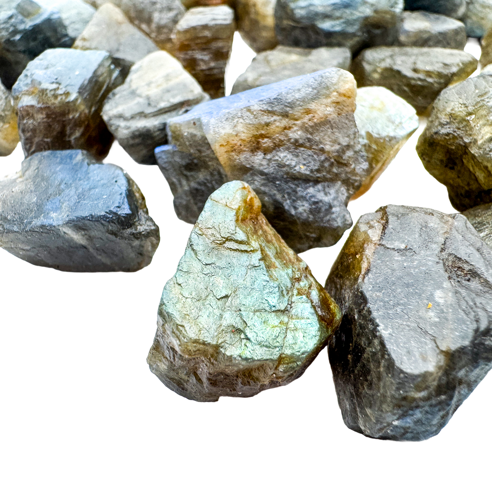 Hand-selected Grade AA Labradorite rainbow raw stones from Madagascar, 0.50 to 1 inch with blue and gold flash