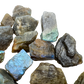 Detail of Grade AA Labradorite rainbow raw stone with turquoise and gold flash, ethically sourced Madagascar