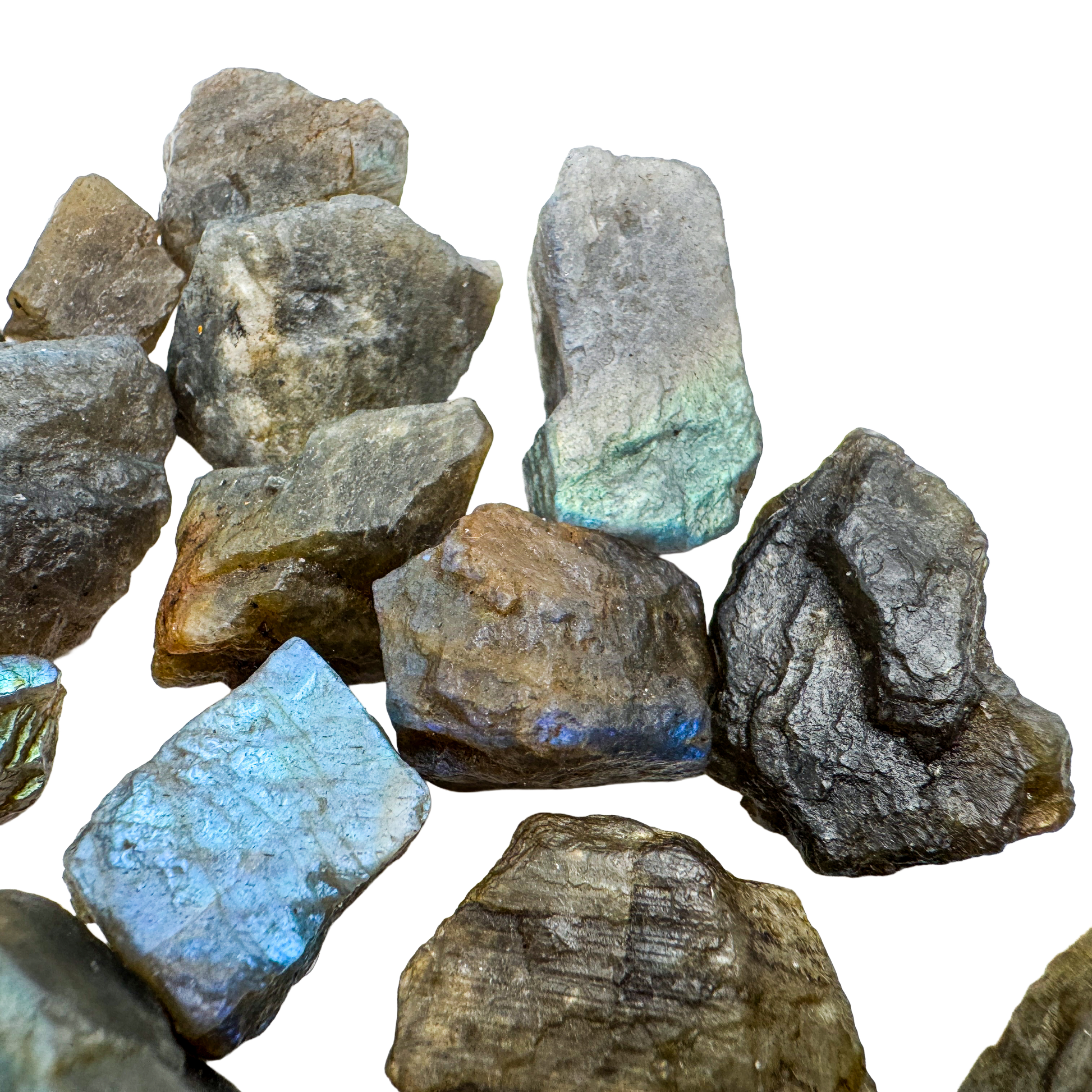 Detail of Grade AA Labradorite rainbow raw stone with turquoise and gold flash, ethically sourced Madagascar