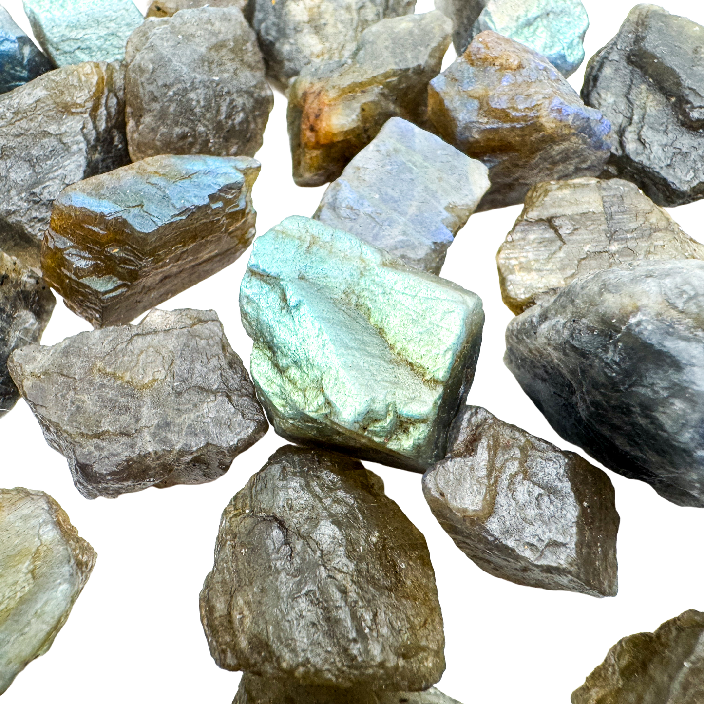 Side view of Labradorite rainbow raw stones with deep blue labradorescence, Grade AA from Atsimo-Andrefana, Madagascar