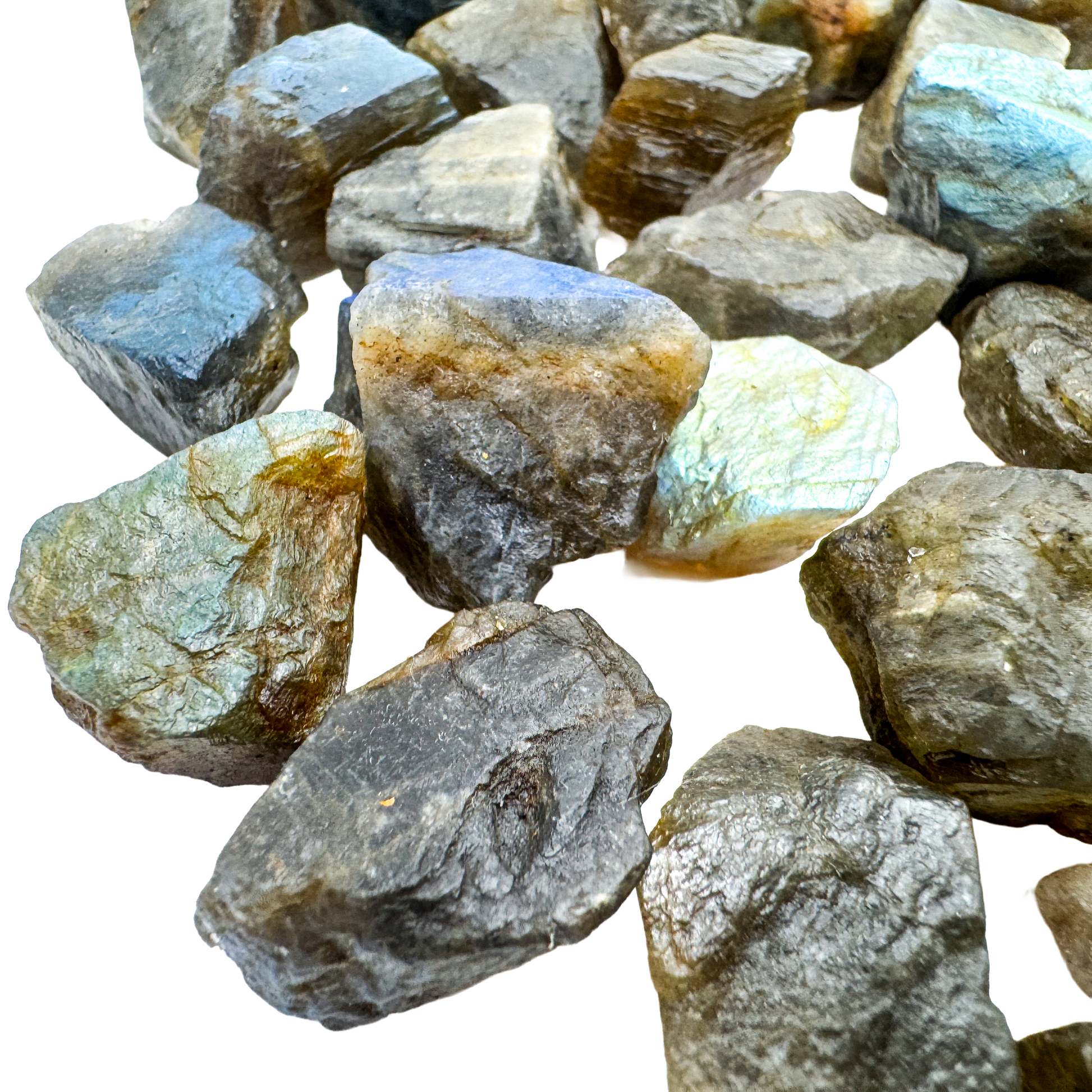 Group of Labradorite raw stones showing blue and gold rainbow flash on natural rough form, AA grade Madagascar